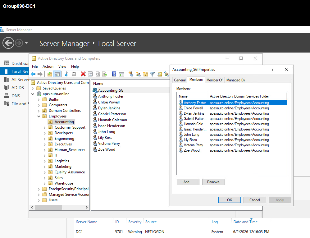 Active Directory security groups screenshot