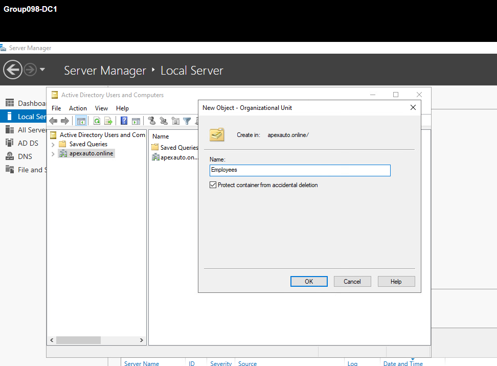Employees OU creation screenshot